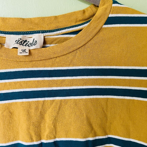 Listicle Multi Striped Short Sleeve Mustard Yellow Top, L - Picture 2 of 2